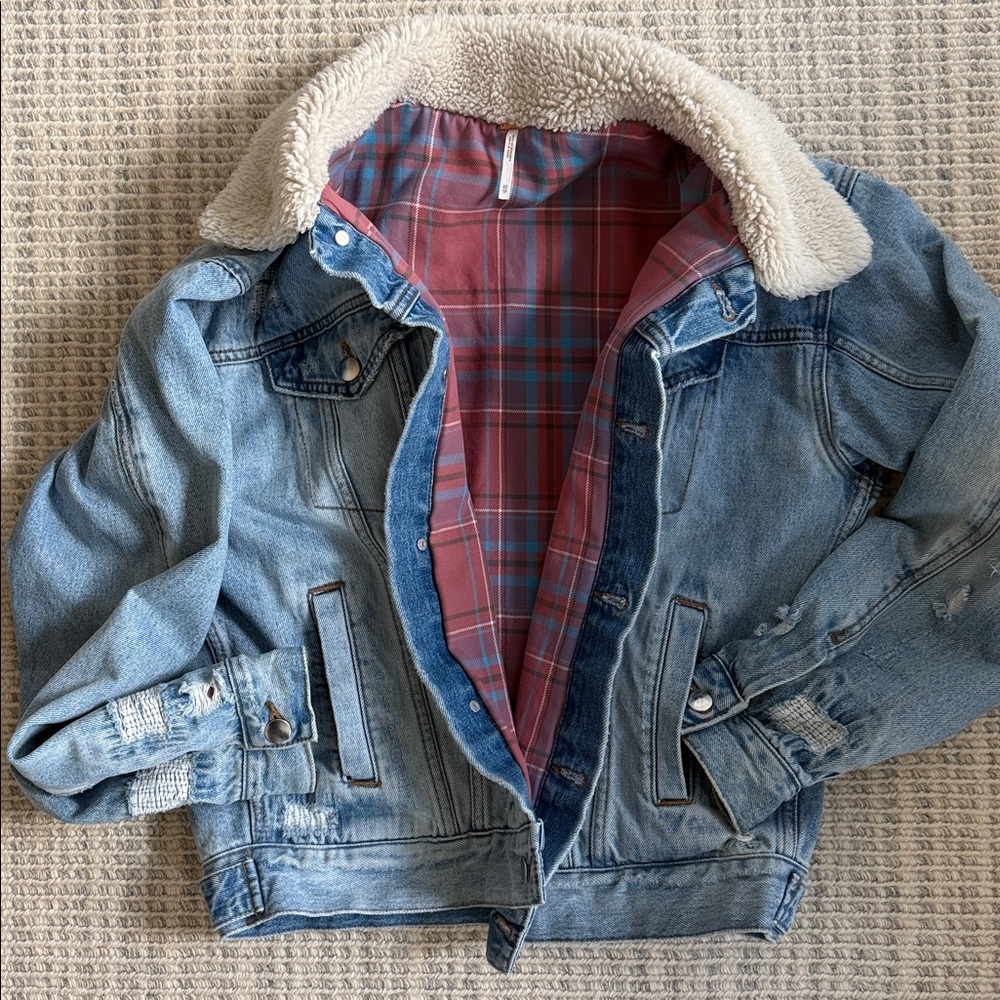 Free People Light Blue Denim Jacket with Sherpa Collar